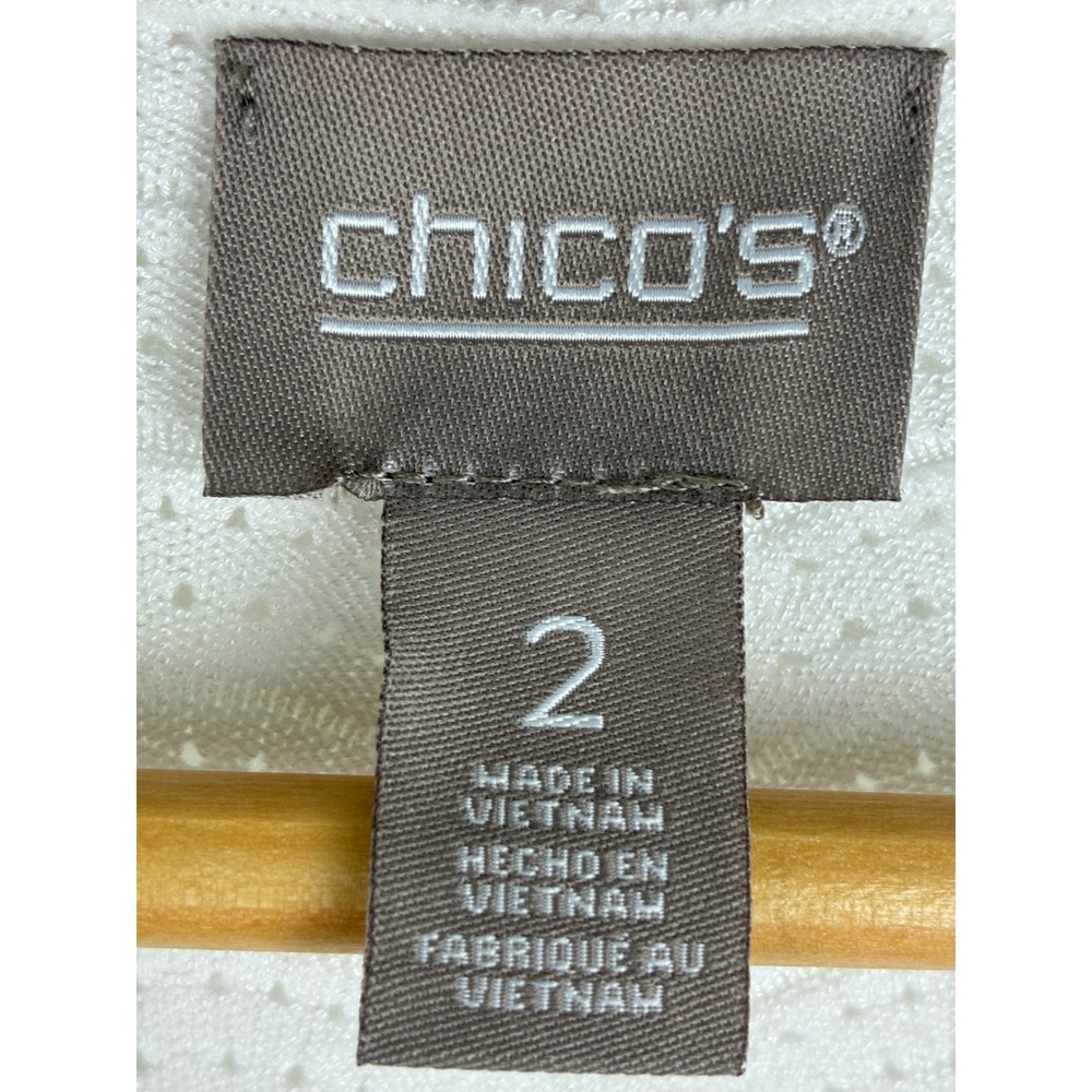 Chico's Open Front Knit Cardigan White Blue Wave Stripe Shimmer 3/4 Sleeve 2 - Picture 8 of 10